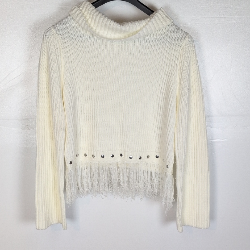 Elegant White Cowl Neck Sweater fringe bottom!